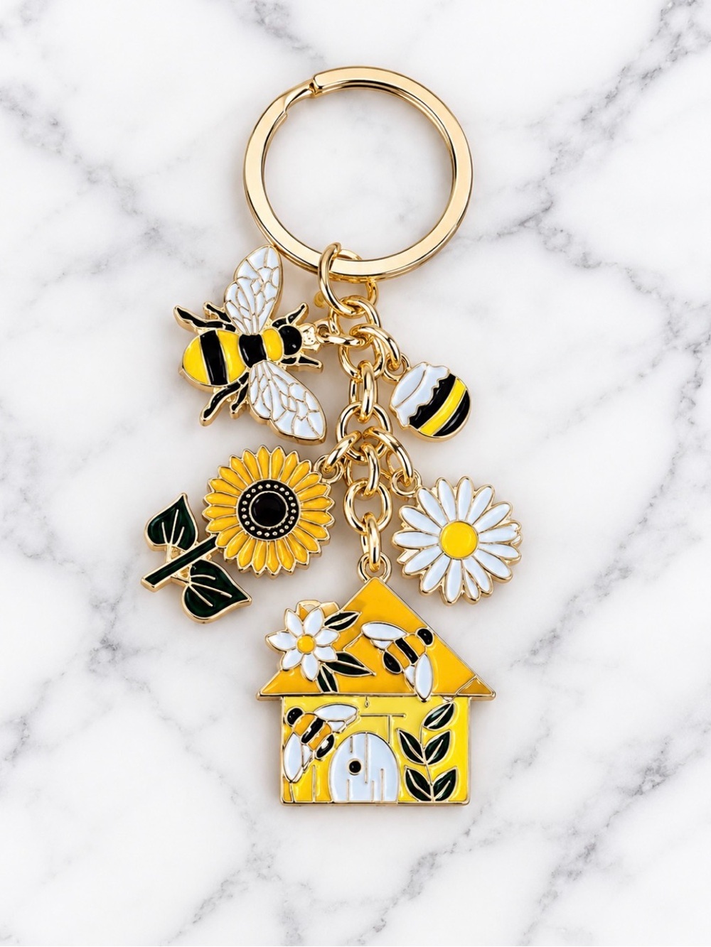 Bag Charm/Keyring-Yellow Enamel Bee Hive & Floral Charm-Gold Hardware